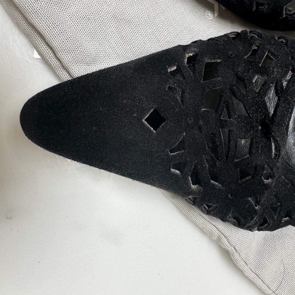 Manolo Blahnik Black Suede Kitten Heel Mules with Fretwork Size 37.5 - Picture 3 of 5